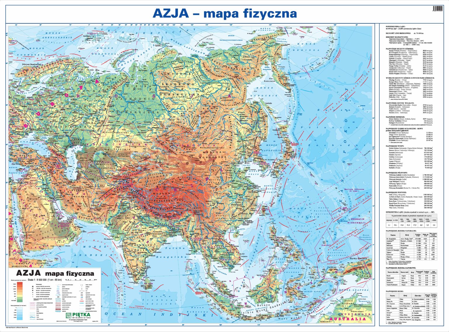 DWUSTRONNA MAPA ŚCIENNA AZJI - FIZYCZNA / POLITYCZNA