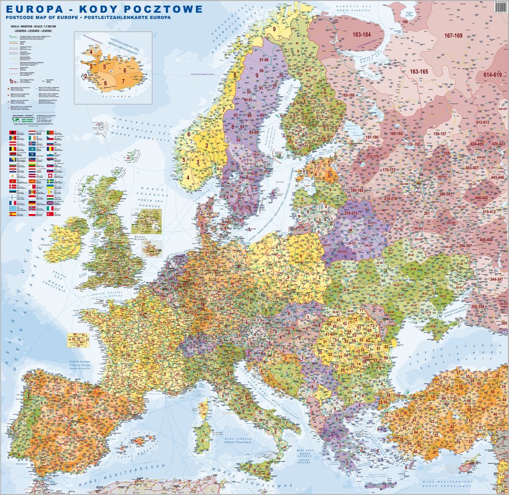 mapa ścienna kodów pocztowych Europy